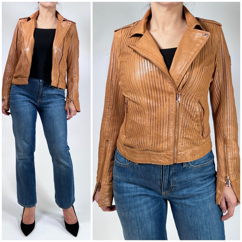 NWT Mauritius Womans Jacket Lether Perforated Moto Jacket Caramel Brown Sinta 6